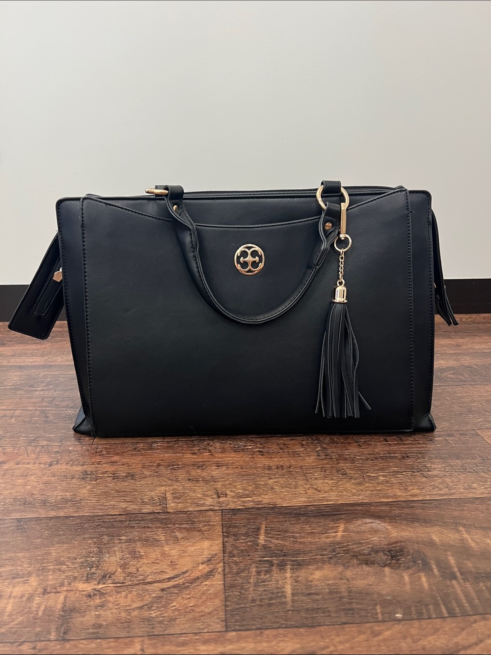 Black Leather Laptop Bag with Removable Tassel Charm